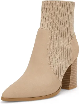 Ermonn Womens Pointed Toe High Heels Ankle Boots Zipper Block Chunky Heel Knit Elastic Fall Winter Dressy Booties