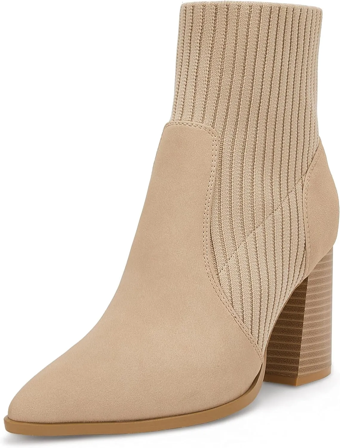 Ermonn Womens Pointed Toe High Heels Ankle Boots Zipper Block Chunky Heel Knit Elastic Fall Winter Dressy Booties