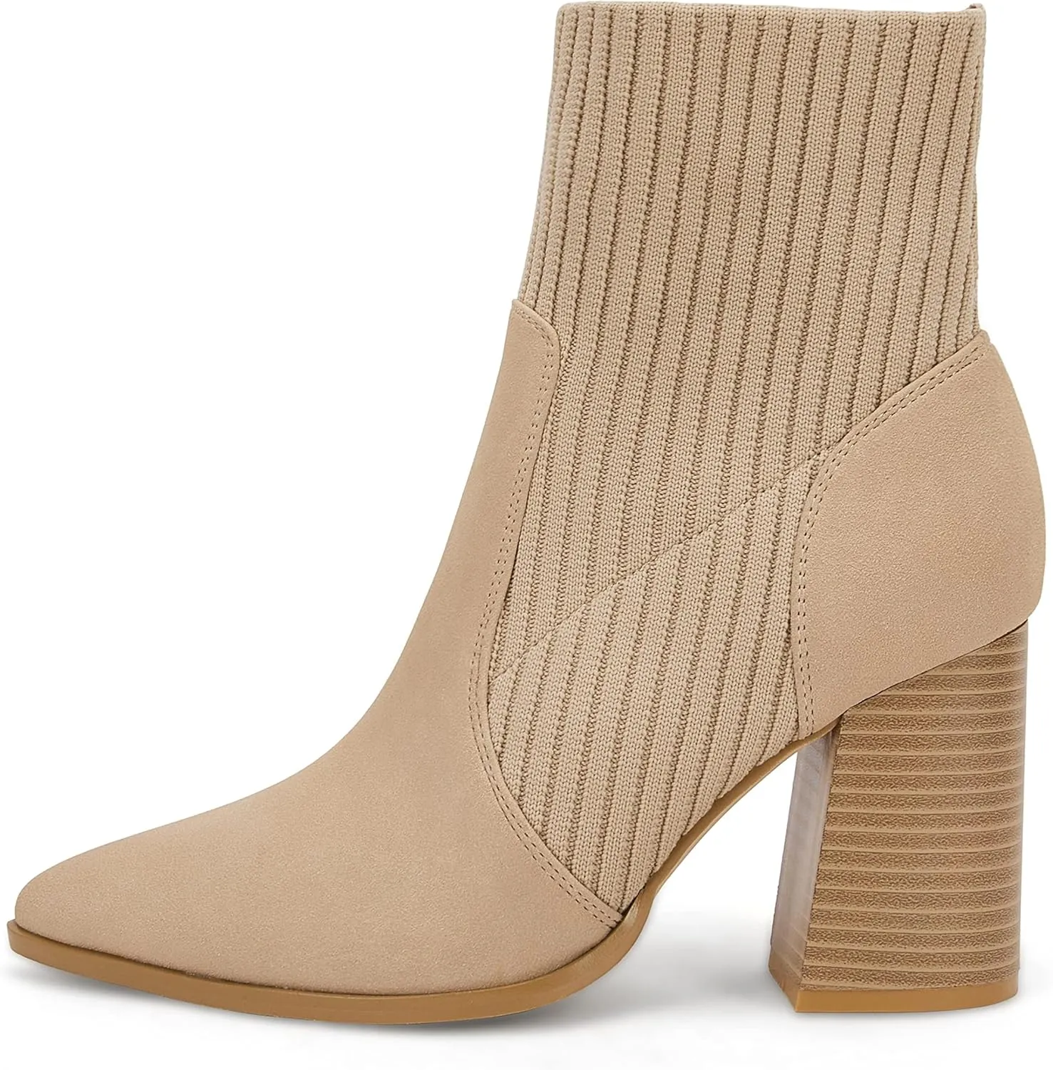 Ermonn Womens Pointed Toe High Heels Ankle Boots Zipper Block Chunky Heel Knit Elastic Fall Winter Dressy Booties