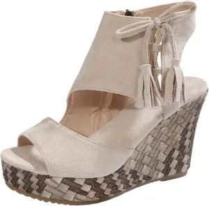 Espadrilles Wedges for Women Fashion Women's Platform Sandals Wedge Ankle Tassels Open Toe Sandals Elegant Flatform Dressy Shoes