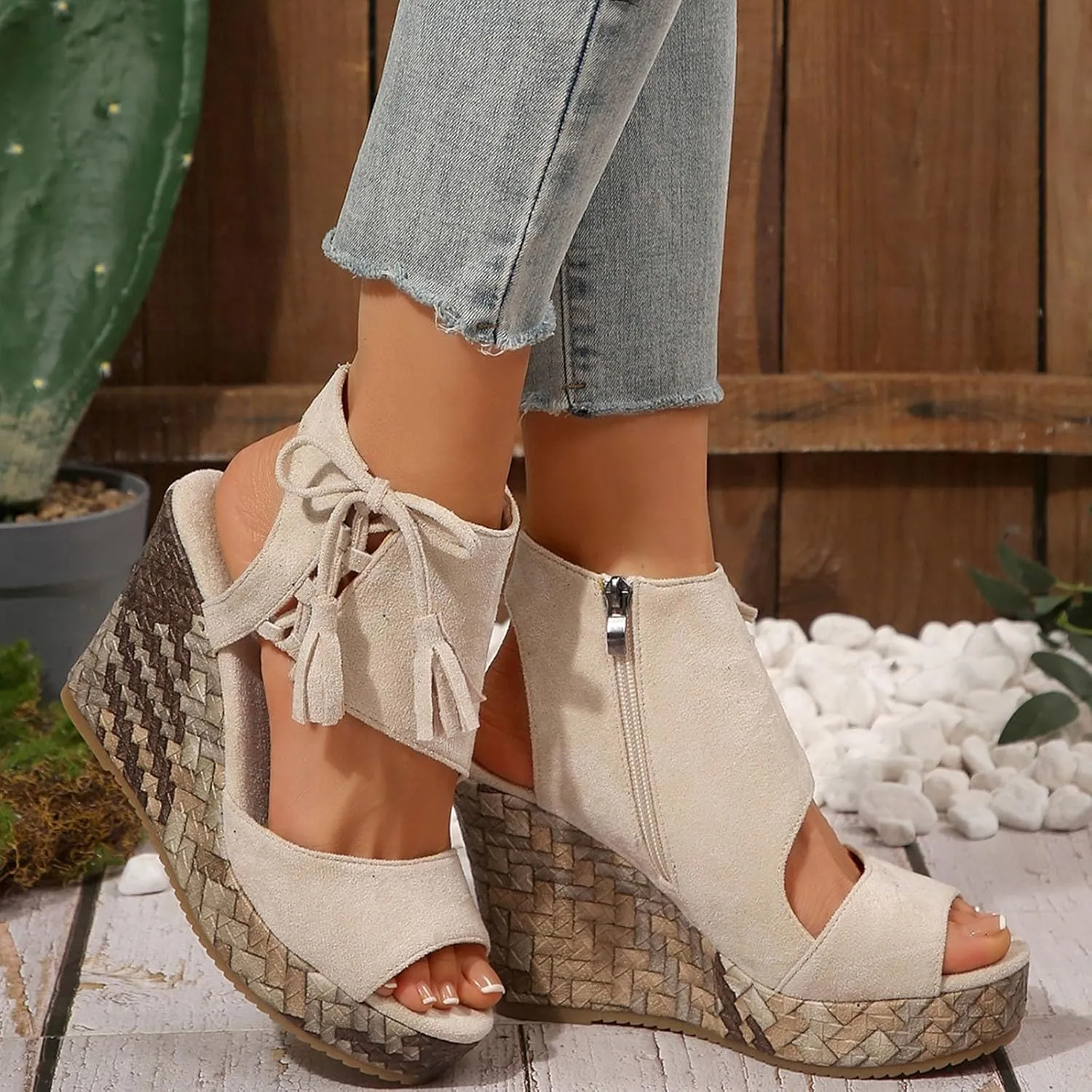 Espadrilles Wedges for Women Fashion Women's Platform Sandals Wedge Ankle Tassels Open Toe Sandals Elegant Flatform Dressy Shoes