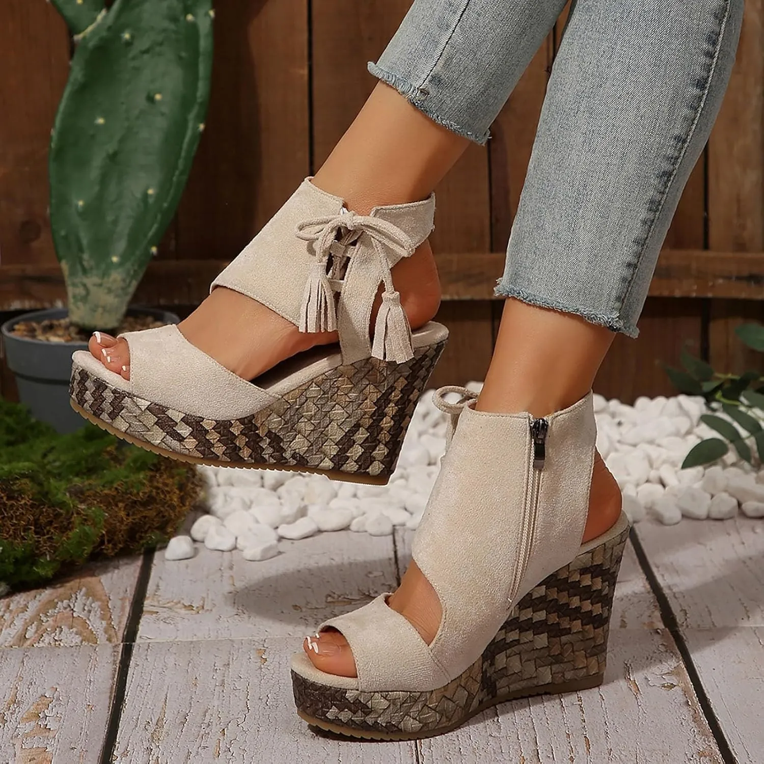 Espadrilles Wedges for Women Fashion Women's Platform Sandals Wedge Ankle Tassels Open Toe Sandals Elegant Flatform Dressy Shoes