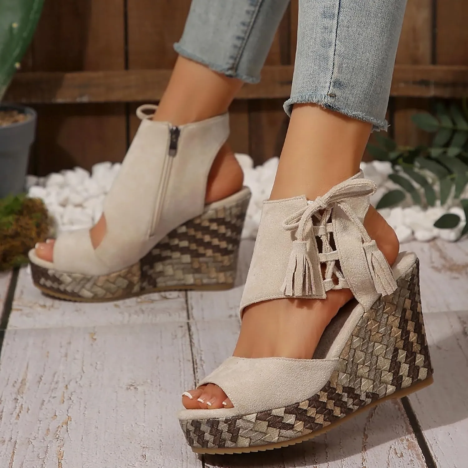 Espadrilles Wedges for Women Fashion Women's Platform Sandals Wedge Ankle Tassels Open Toe Sandals Elegant Flatform Dressy Shoes