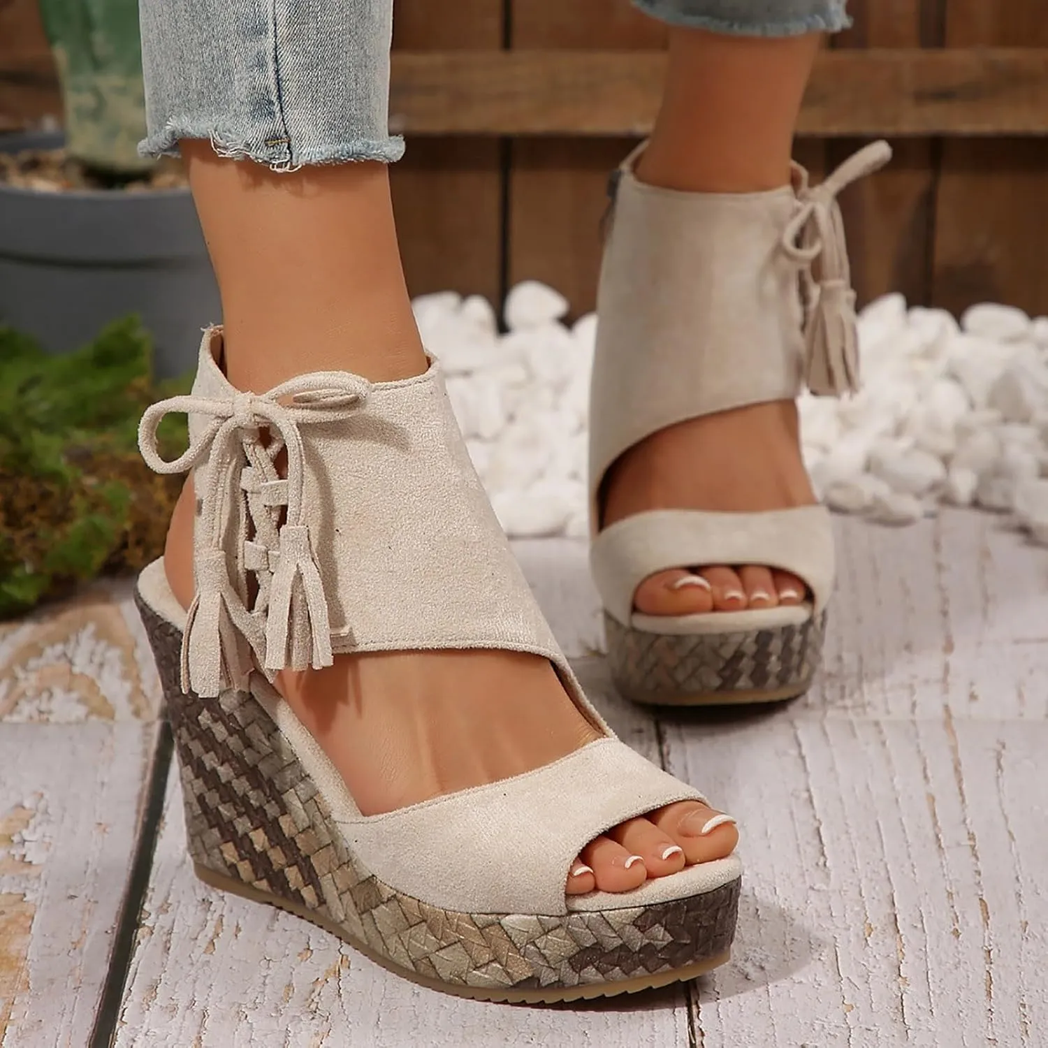 Espadrilles Wedges for Women Fashion Women's Platform Sandals Wedge Ankle Tassels Open Toe Sandals Elegant Flatform Dressy Shoes