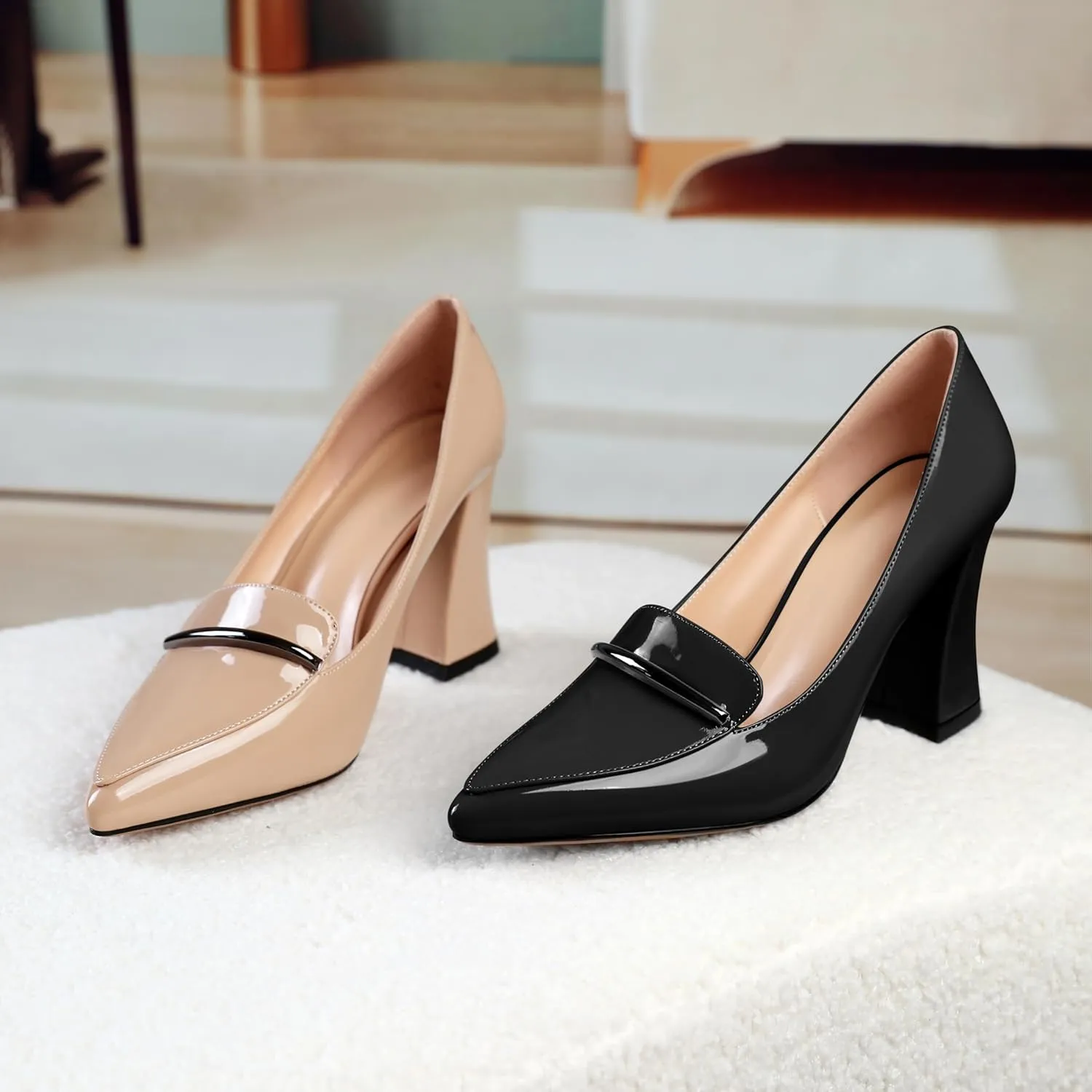 Esvowido Women's Chunky High Heels Closed Pointed Toe Block Heel Pumps with Trim Slip on Dress Shoes for Daily Life Party Casual