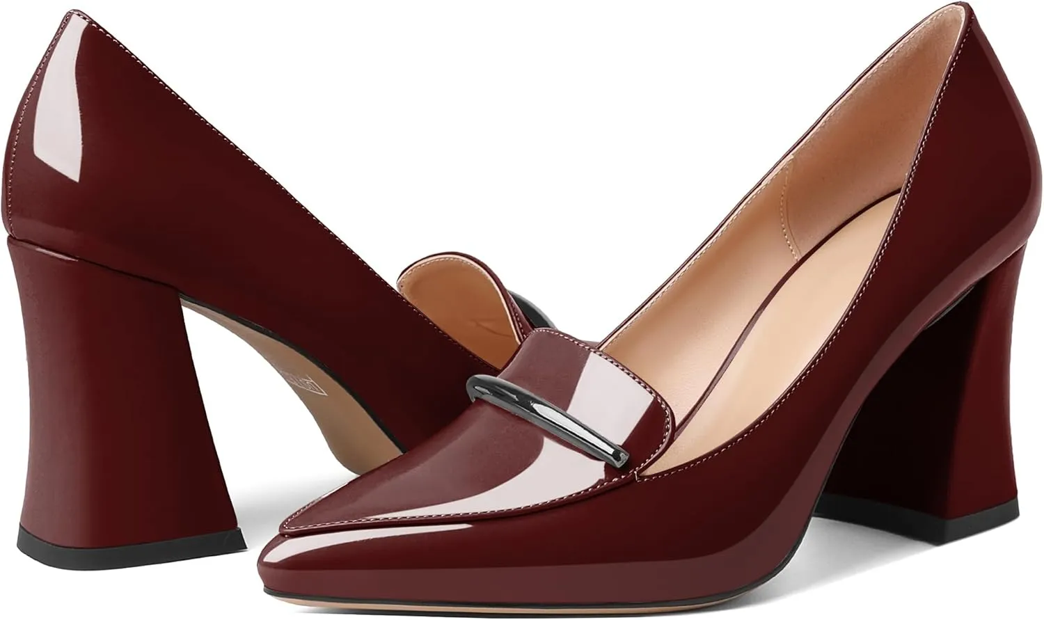 Esvowido Women's Chunky High Heels Closed Pointed Toe Block Heel Pumps with Trim Slip on Dress Shoes for Daily Life Party Casual