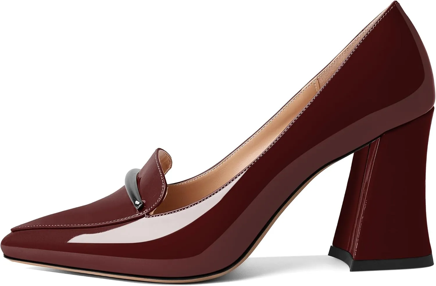 Esvowido Women's Chunky High Heels Closed Pointed Toe Block Heel Pumps with Trim Slip on Dress Shoes for Daily Life Party Casual