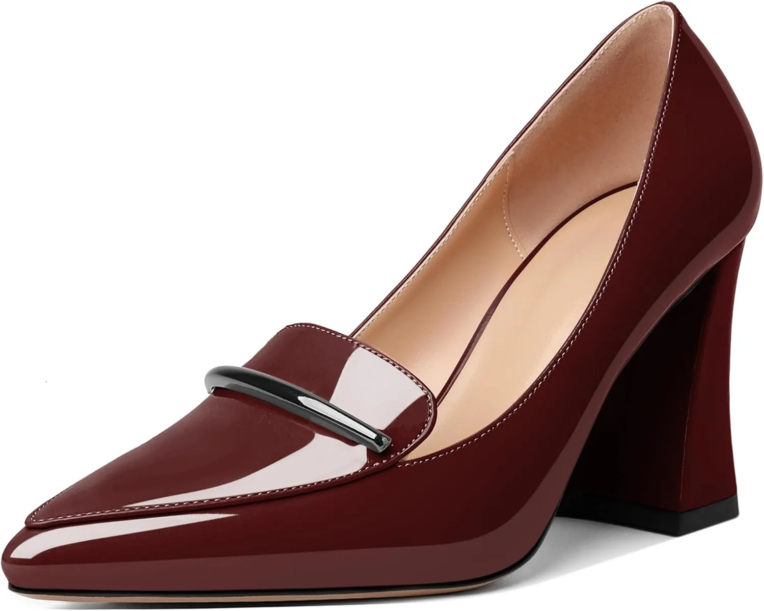 Esvowido Women's Chunky High Heels Closed Pointed Toe Block Heel Pumps with Trim Slip on Dress Shoes for Daily Life Party Casual
