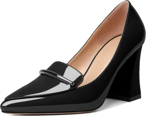 Esvowido Women's Chunky High Heels Closed Pointed Toe Block Heel Pumps with Trim Slip on Dress Shoes for Daily Life Party Casual