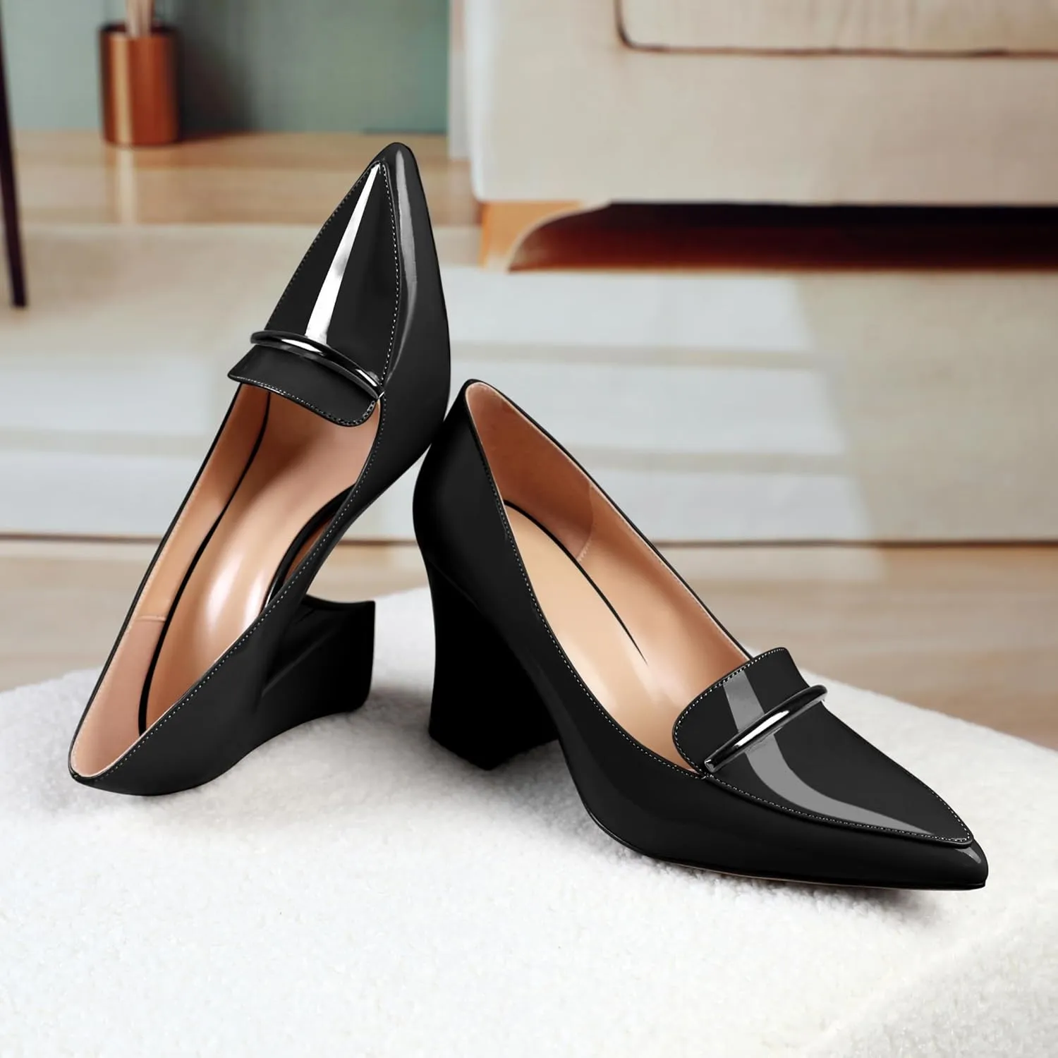Esvowido Women's Chunky High Heels Closed Pointed Toe Block Heel Pumps with Trim Slip on Dress Shoes for Daily Life Party Casual