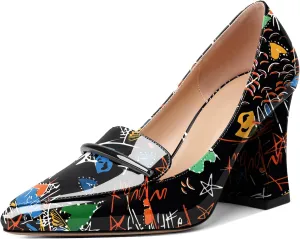 Esvowido Women's Chunky High Heels Closed Pointed Toe Block Heel Pumps with Trim Slip on Dress Shoes for Daily Life Party Casual