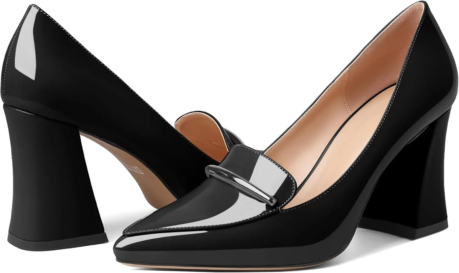 Esvowido Women's Chunky High Heels Closed Pointed Toe Block Heel Pumps with Trim Slip on Dress Shoes for Daily Life Party Casual