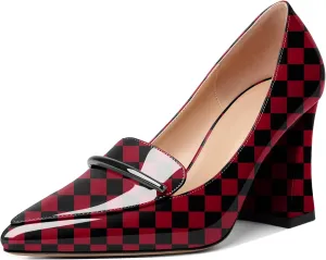 Esvowido Women's Chunky High Heels Closed Pointed Toe Block Heel Pumps with Trim Slip on Dress Shoes for Daily Life Party Casual