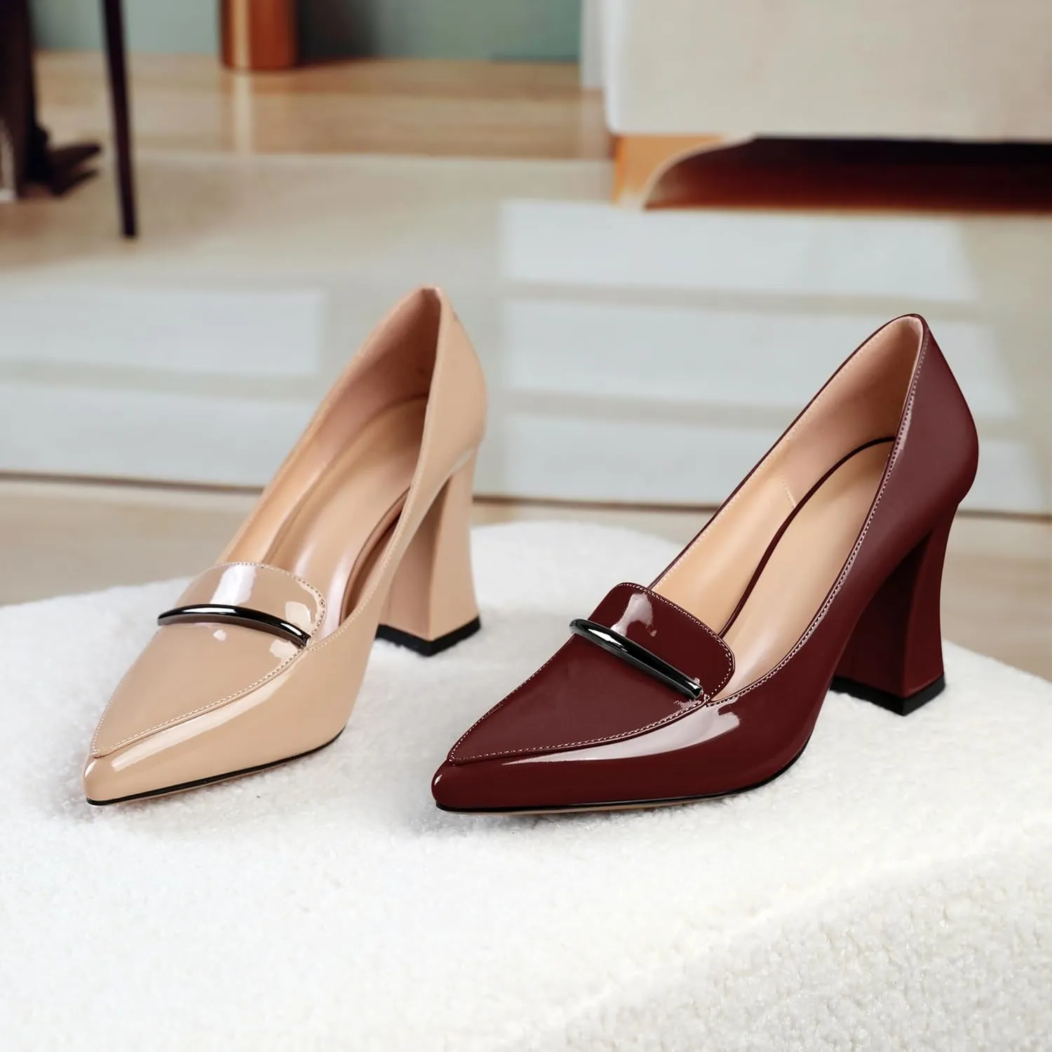Esvowido Women's Chunky High Heels Closed Pointed Toe Block Heel Pumps with Trim Slip on Dress Shoes for Daily Life Party Casual