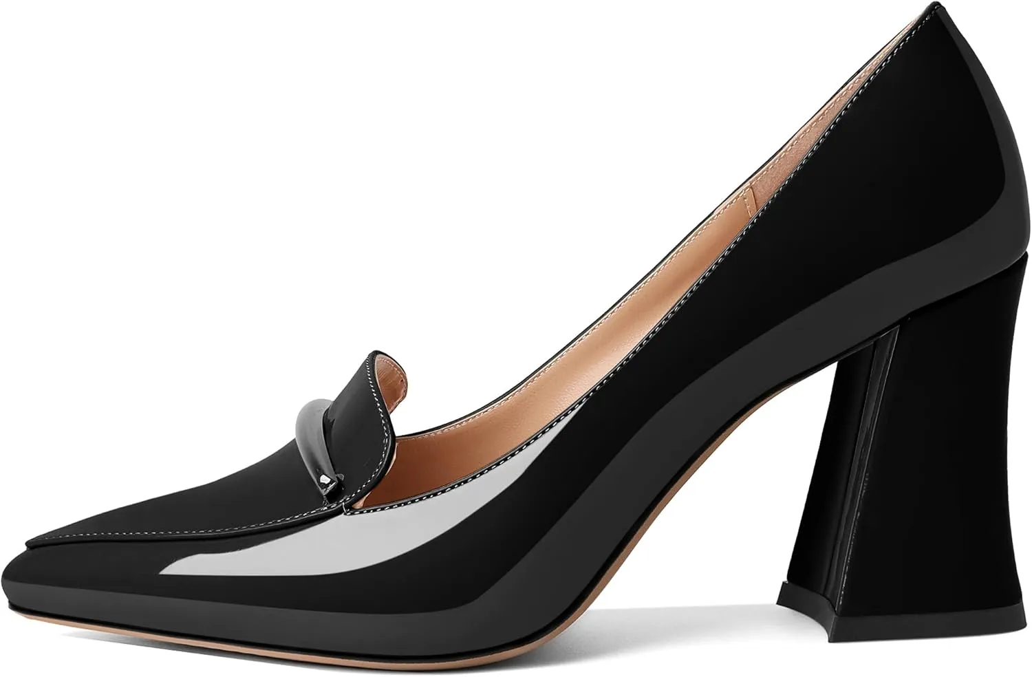 Esvowido Women's Chunky High Heels Closed Pointed Toe Block Heel Pumps with Trim Slip on Dress Shoes for Daily Life Party Casual