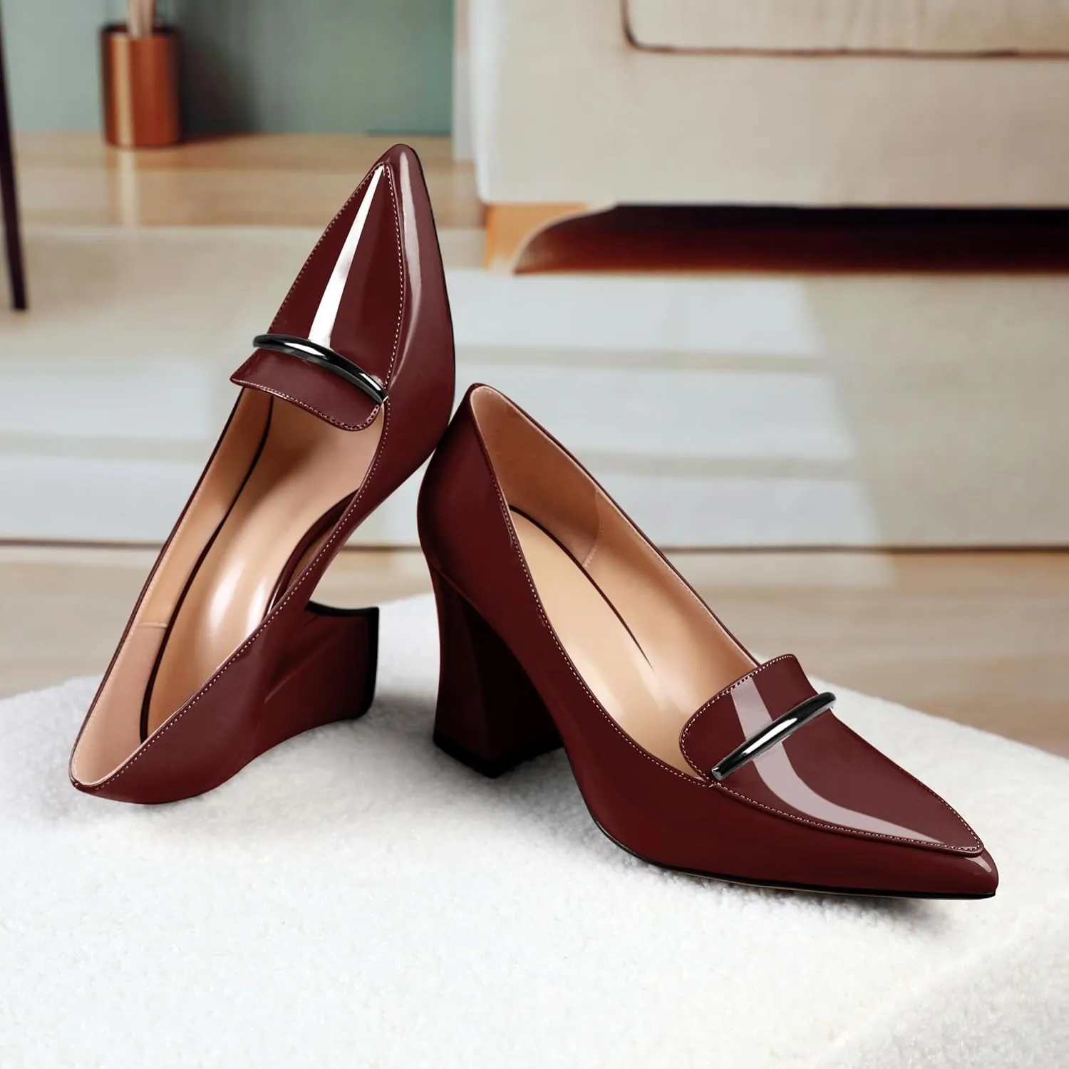 Esvowido Women's Chunky High Heels Closed Pointed Toe Block Heel Pumps with Trim Slip on Dress Shoes for Daily Life Party Casual