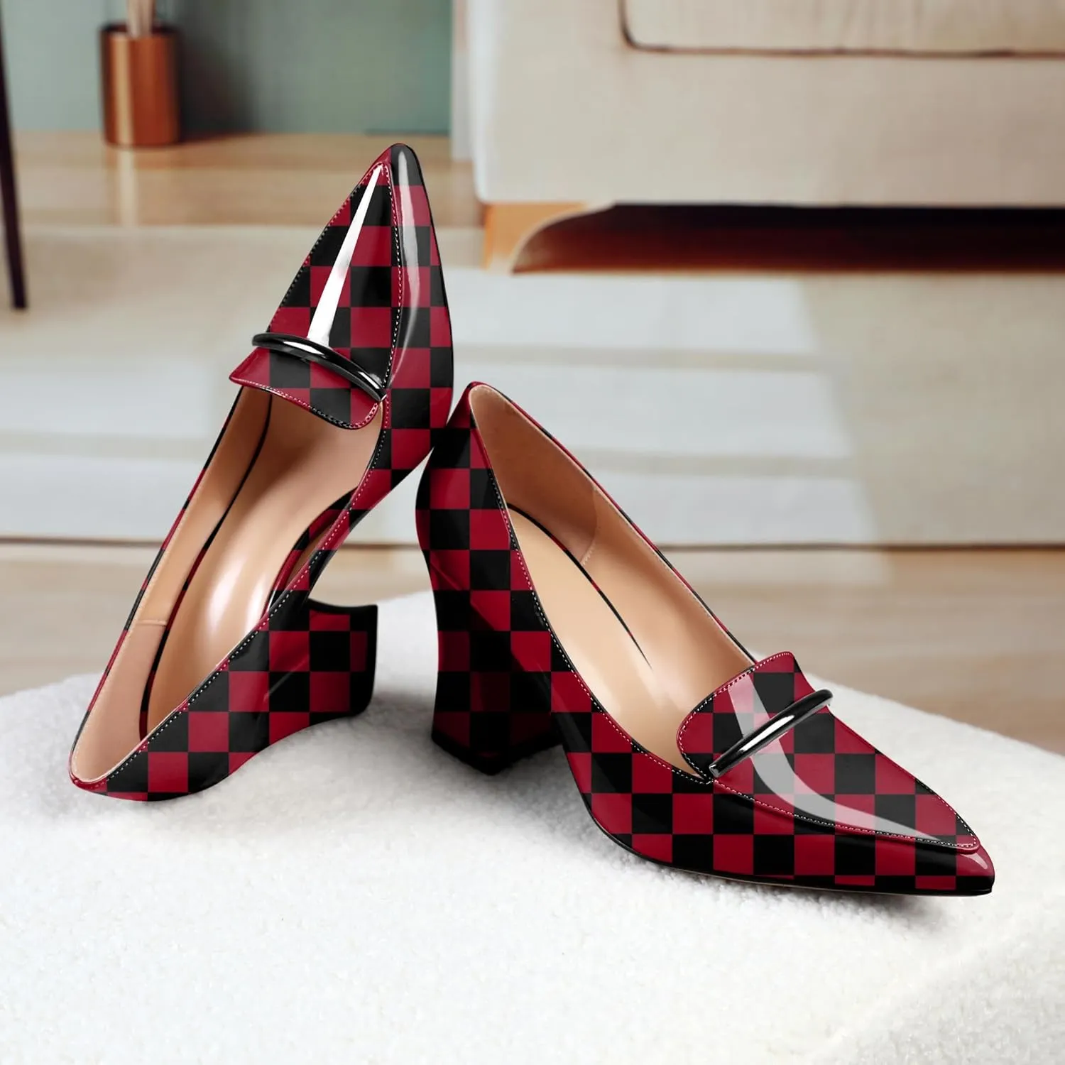 Esvowido Women's Chunky High Heels Closed Pointed Toe Block Heel Pumps with Trim Slip on Dress Shoes for Daily Life Party Casual
