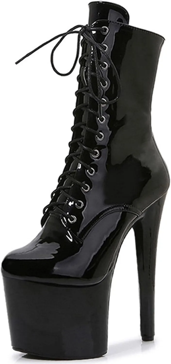 F&A LOVING Women Ankle Boots 7 Inch Pole Dance Boot Platform Patent Stiletto High Heel Round Toe Shoes
