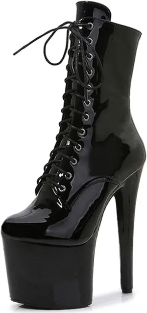 F&A LOVING Women Ankle Boots 7 Inch Pole Dance Boot Platform Patent Stiletto High Heel Round Toe Shoes