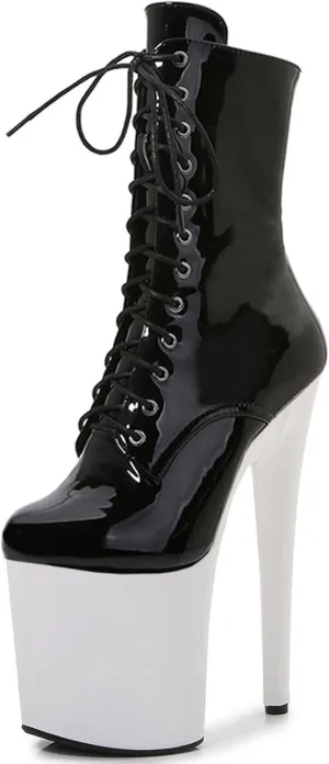 F&A LOVING Women Ankle Boots 8 Inch Pole Dance Boot Platform Patent Stiletto High Heel Round Toe Shoes