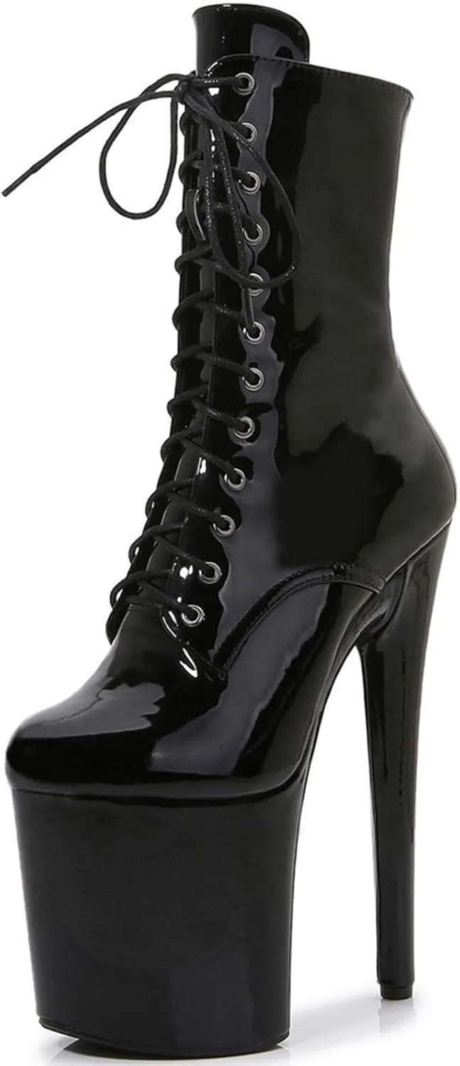 F&A LOVING Women Ankle Boots 8 Inch Pole Dance Boot Platform Patent Stiletto High Heel Round Toe Shoes