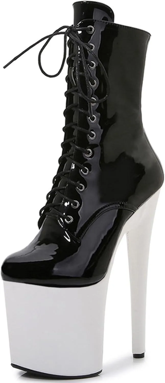 F&A LOVING Women Ankle Boots 8 Inch Pole Dance Boot Platform Patent Stiletto High Heel Round Toe Shoes