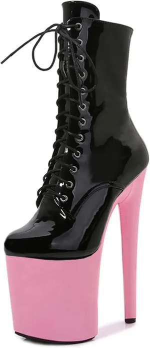 F&A LOVING Women Ankle Boots 8 Inch Pole Dance Boot Platform Patent Stiletto High Heel Round Toe Shoes