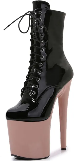 F&A LOVING Women Ankle Boots 8 Inch Pole Dance Boot Platform Patent Stiletto High Heel Round Toe Shoes
