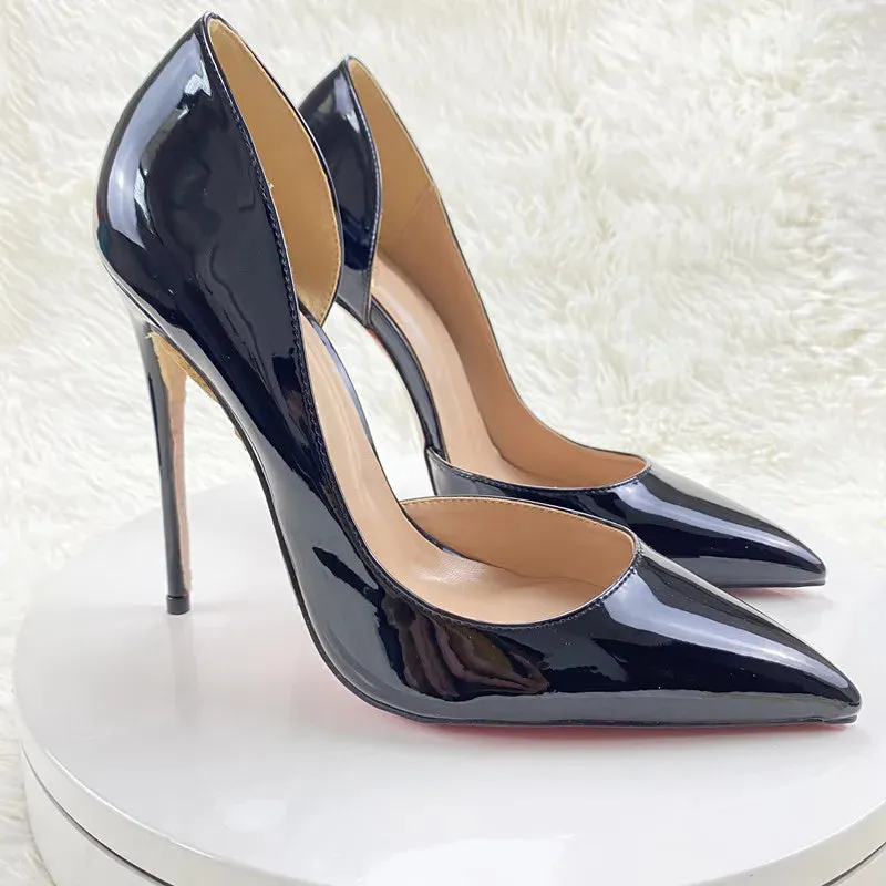 Fashion new trend female black leather side air pointed bottom toe female high heel