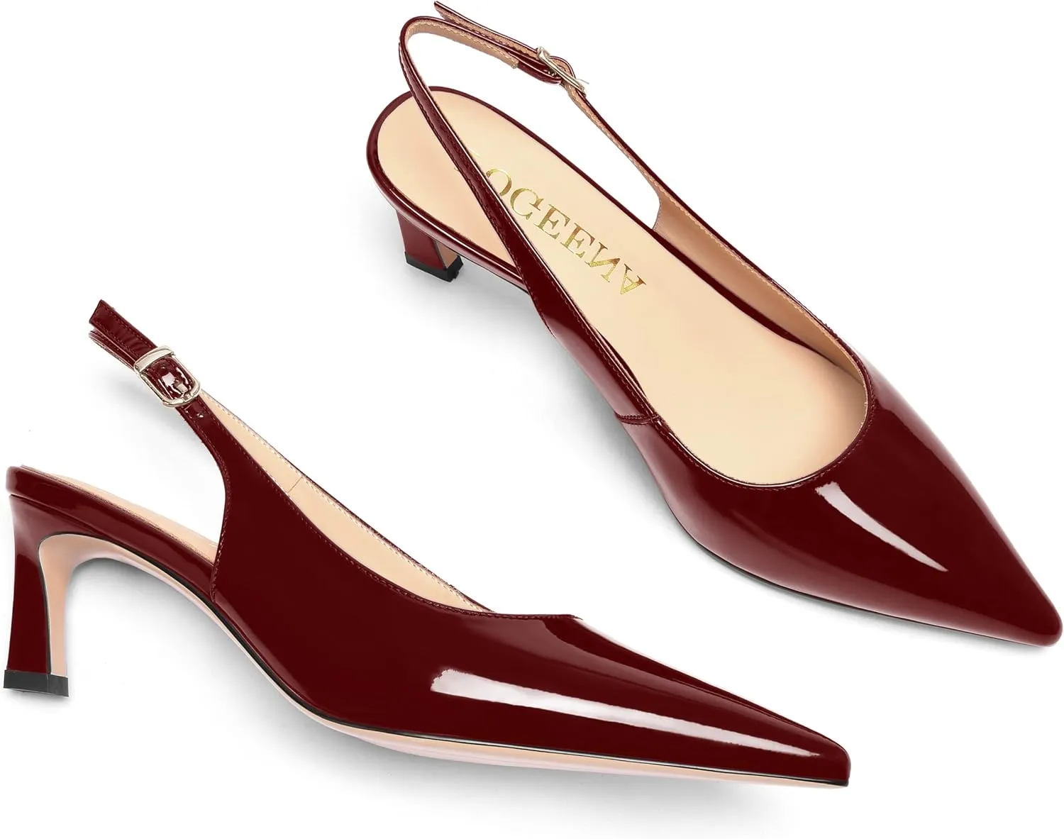 FOGEENA Womens Solid Patent Pointed Toe Dating Ankle Strap Casual Buckle Kitten Leather Low Heel Pumps Shoes 2 Inch