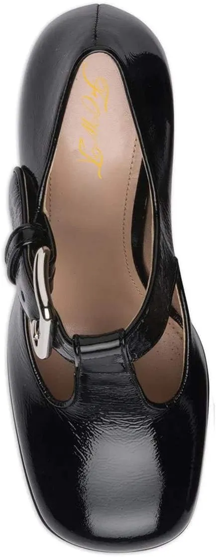 FOWT Women Fashion Closed Square Toe T-Strap Pumps Chunky High Heels Office Date Shoes Size 4-16 M