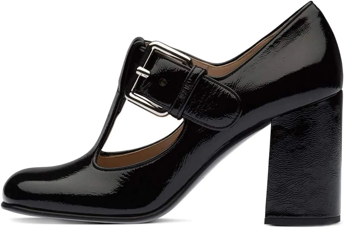 FOWT Women Fashion Closed Square Toe T-Strap Pumps Chunky High Heels Office Date Shoes Size 4-16 M
