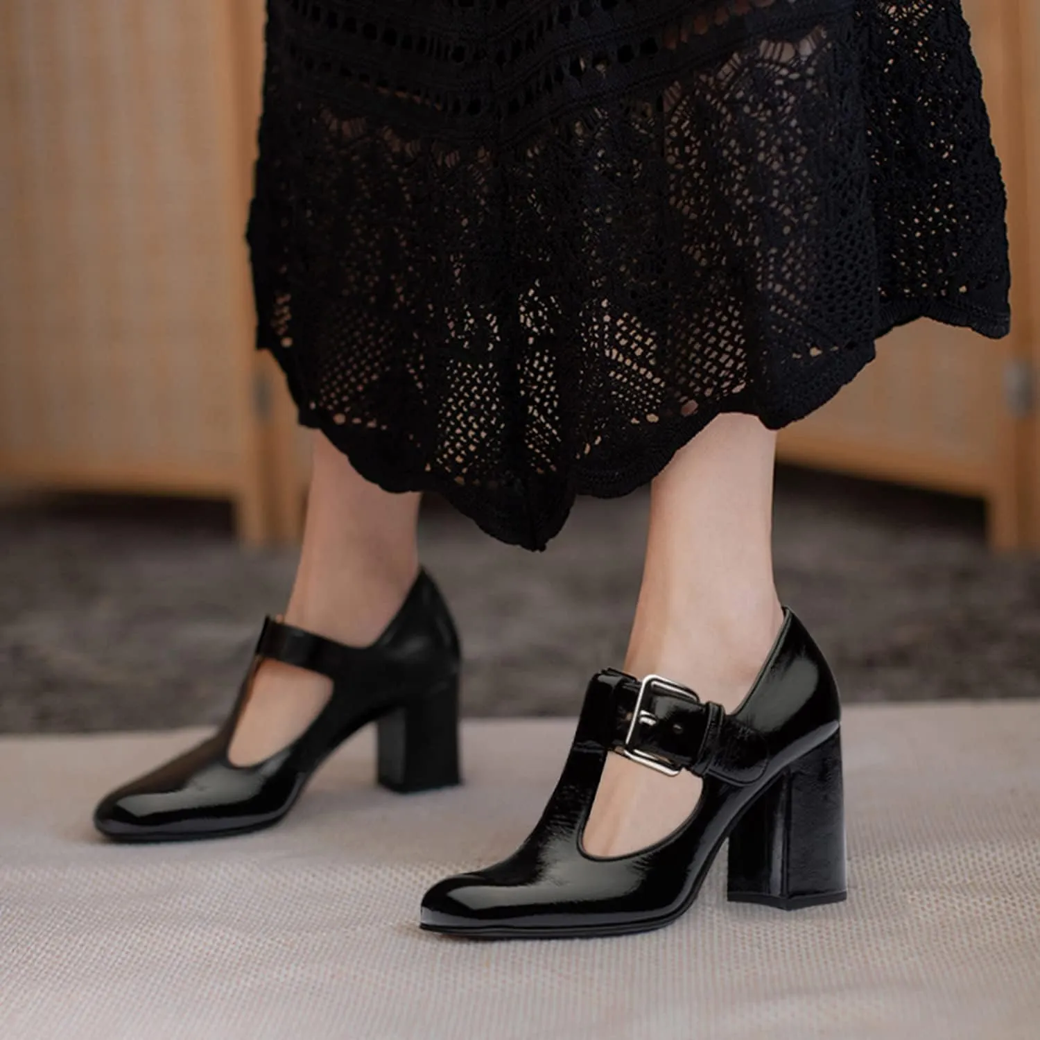 FOWT Women Fashion Closed Square Toe T-Strap Pumps Chunky High Heels Office Date Shoes Size 4-16 M