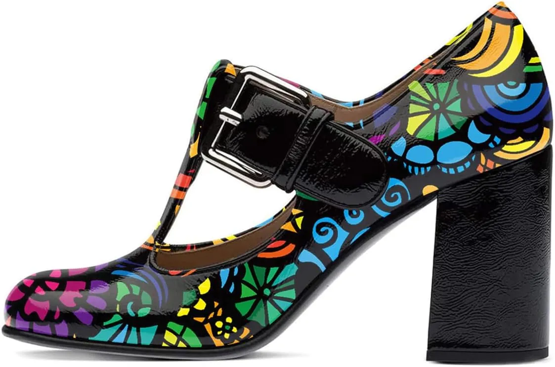 FOWT Women Fashion Closed Square Toe T-Strap Pumps Chunky High Heels Office Date Shoes Size 4-16 M