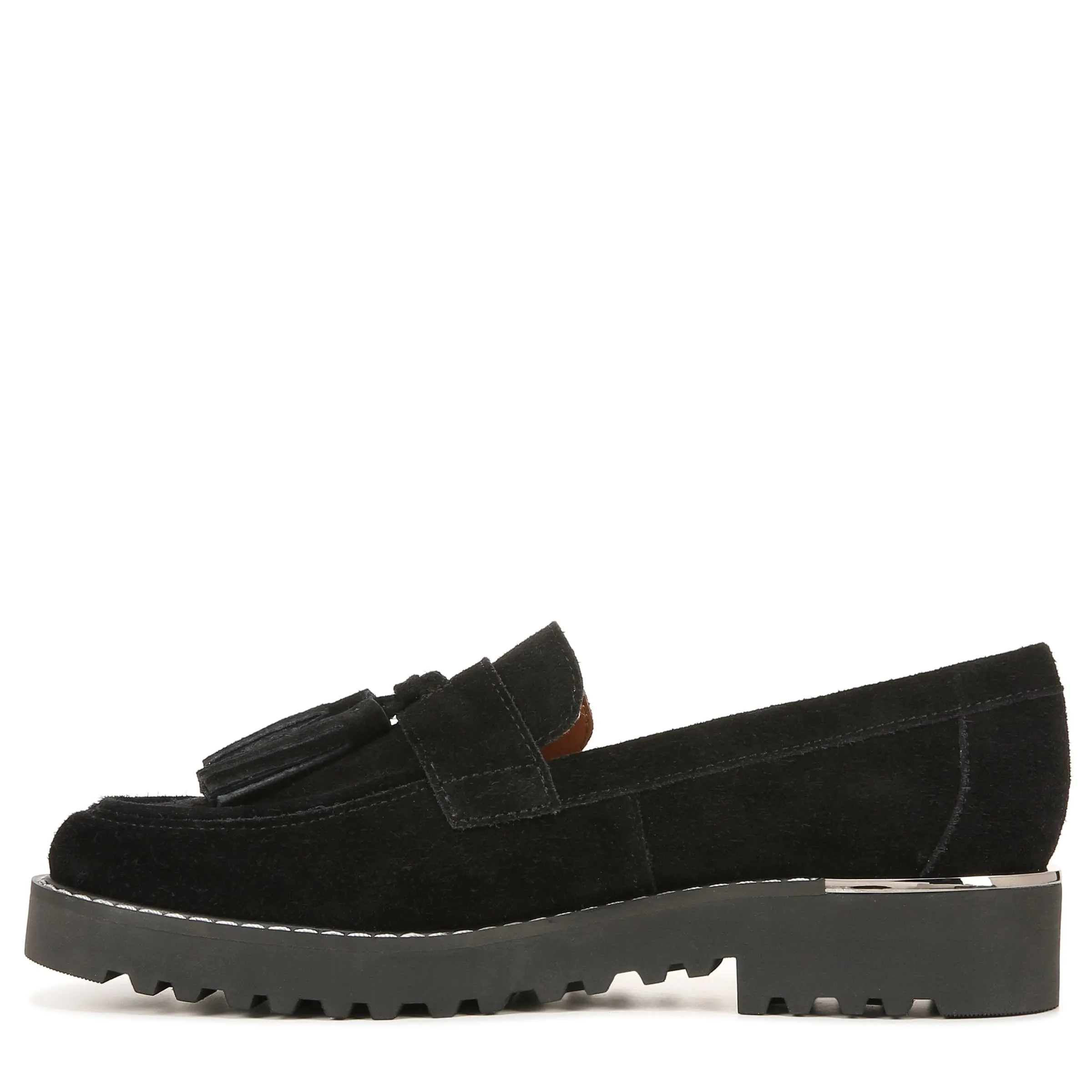 Franco Sarto Womens Carolynn Lug Sole Loafer with Tassel Detail , Black Suede, 7 M