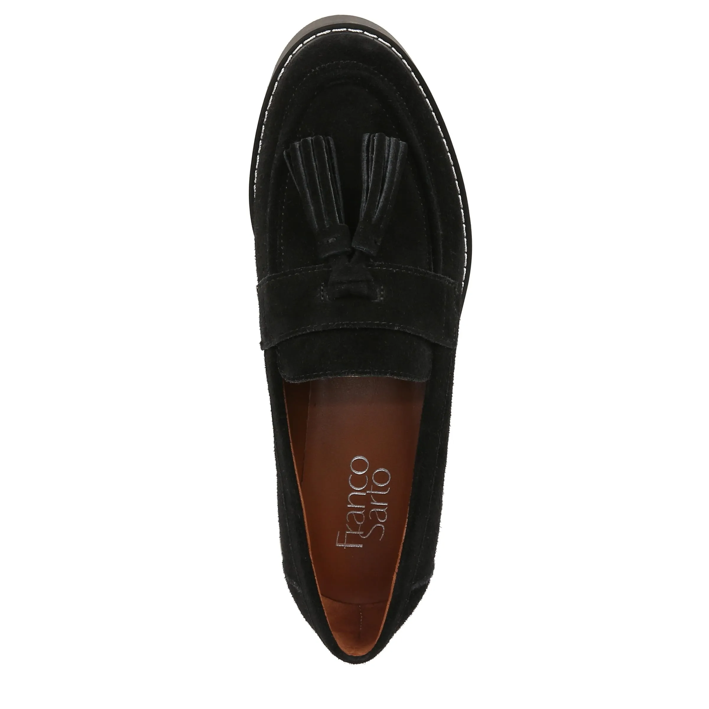 Franco Sarto Womens Carolynn Lug Sole Loafer with Tassel Detail , Black Suede, 7 M