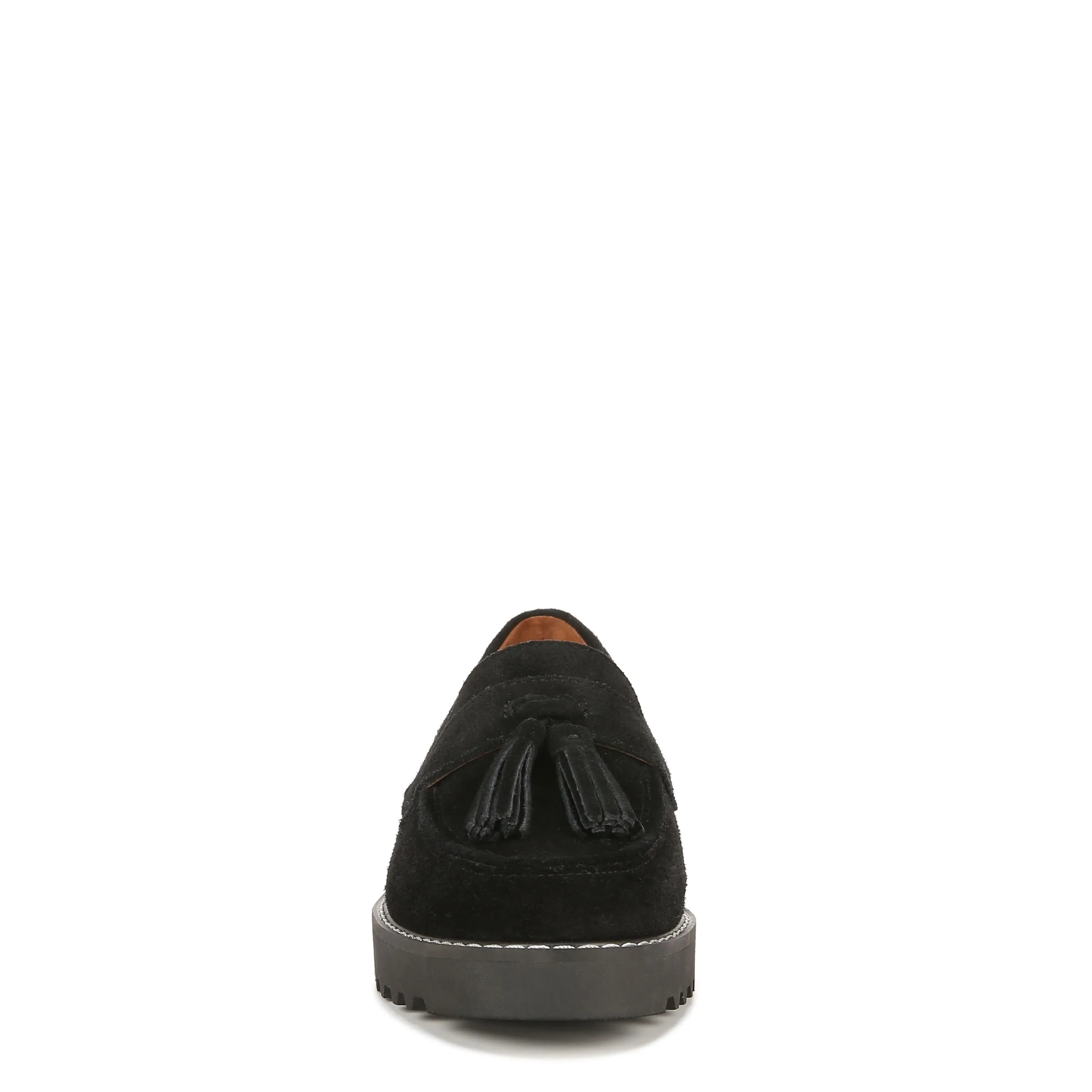 Franco Sarto Womens Carolynn Lug Sole Loafer with Tassel Detail , Black Suede, 7 M