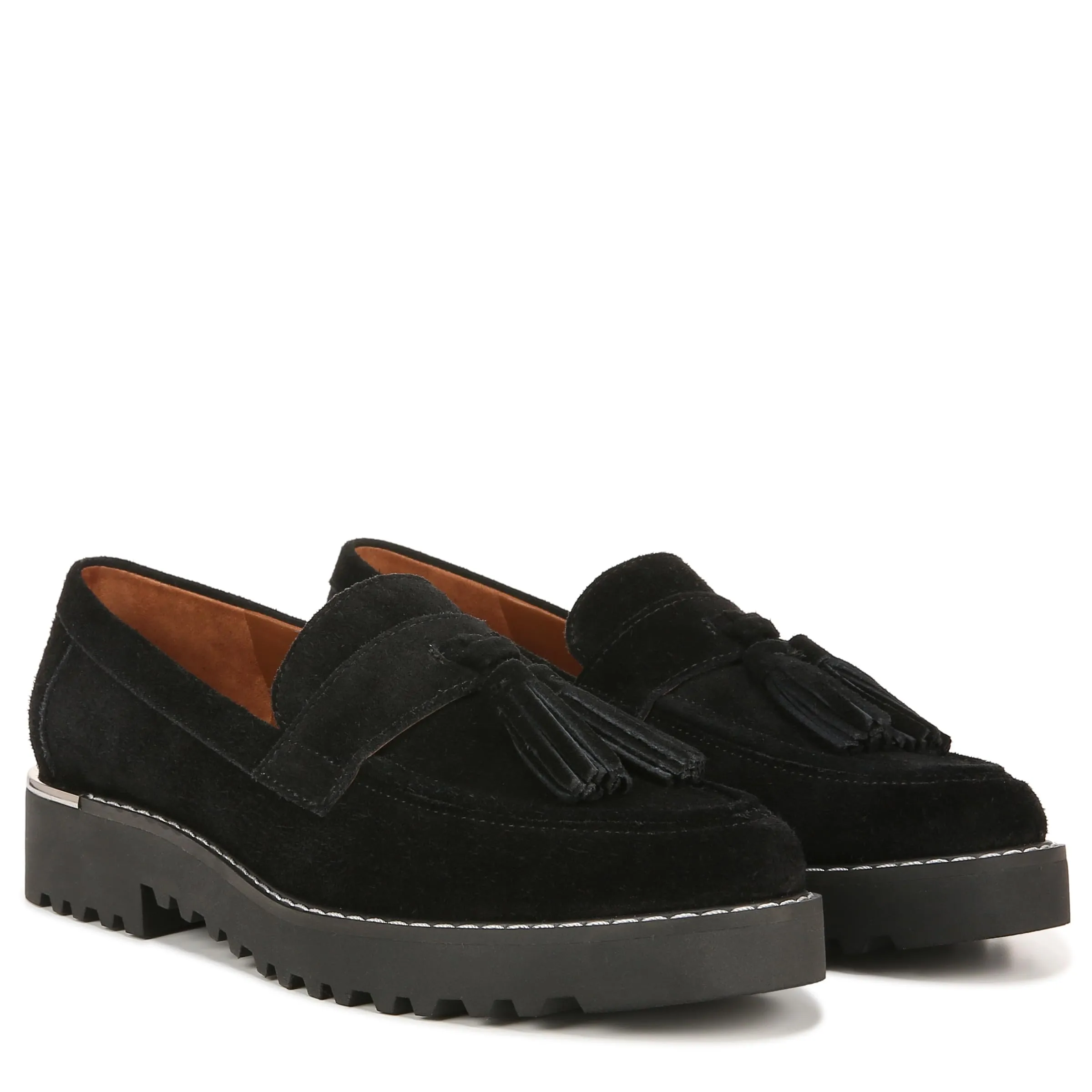 Franco Sarto Womens Carolynn Lug Sole Loafer with Tassel Detail , Black Suede, 7 M