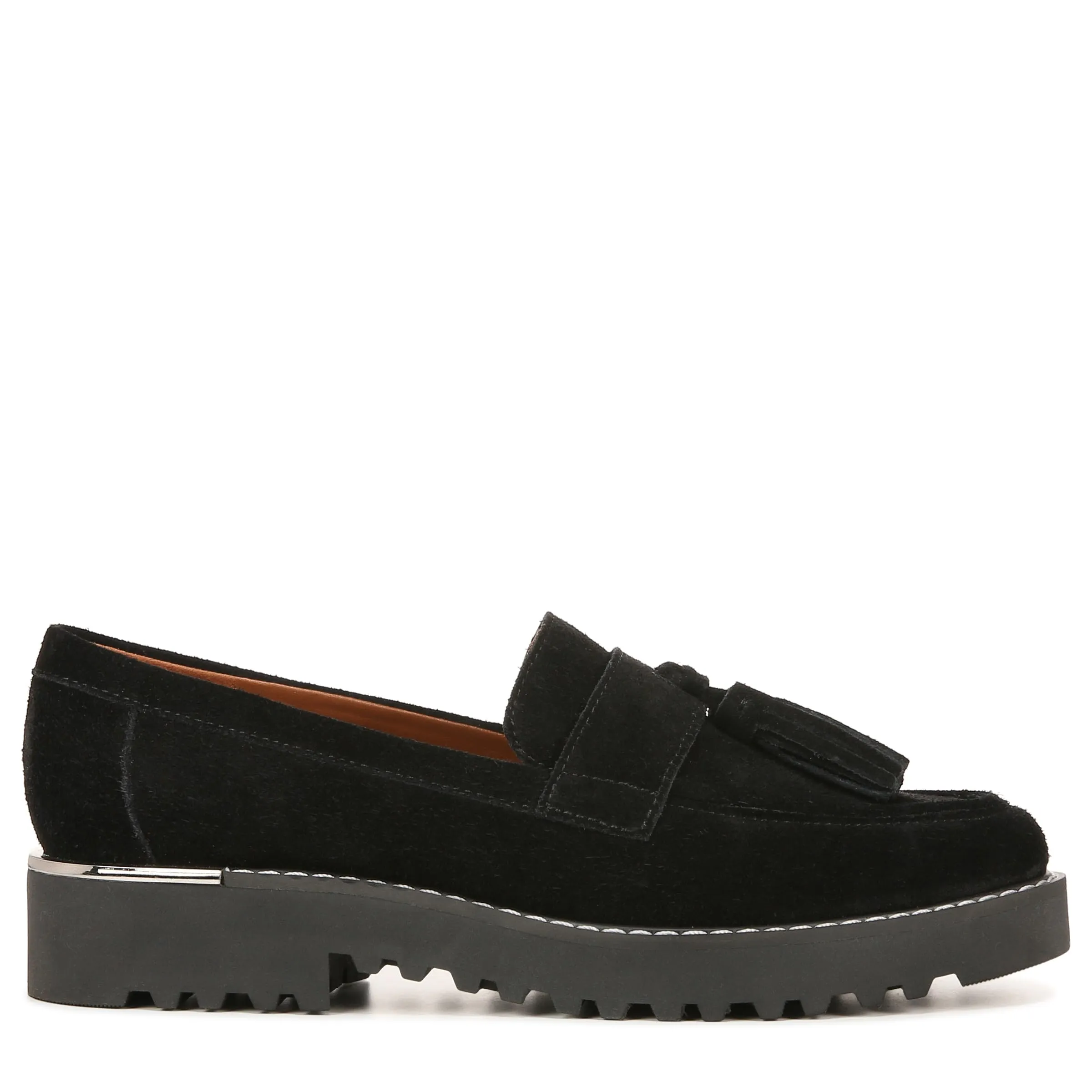 Franco Sarto Womens Carolynn Lug Sole Loafer with Tassel Detail , Black Suede, 7 M
