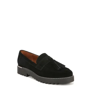 Franco Sarto Womens Carolynn Lug Sole Loafer with Tassel Detail , Black Suede, 7 M