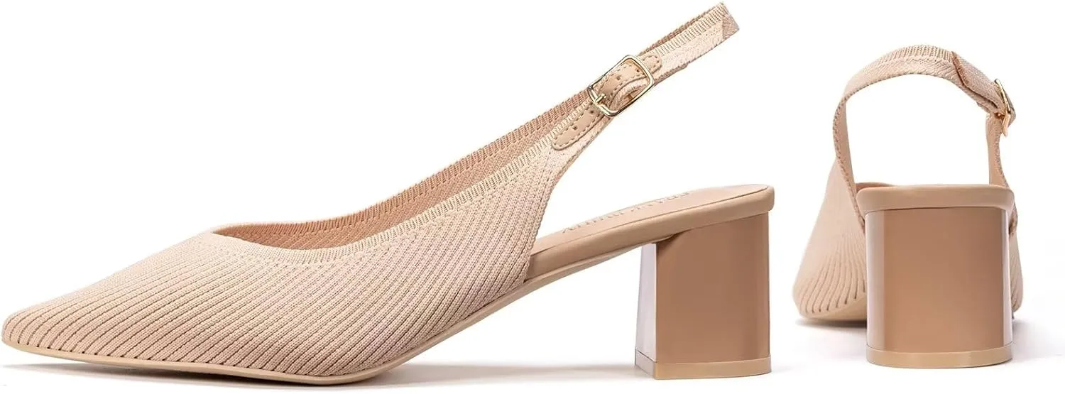 Frank Mully Women's Slingback Heels Pointed Toe Work Pumps Comfortable Chunky Pumps Knitted Closed Toe Stylish Dressy Shoes
