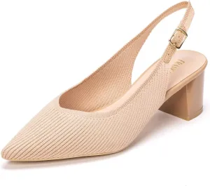Frank Mully Women's Slingback Heels Pointed Toe Work Pumps Comfortable Chunky Pumps Knitted Closed Toe Stylish Dressy Shoes