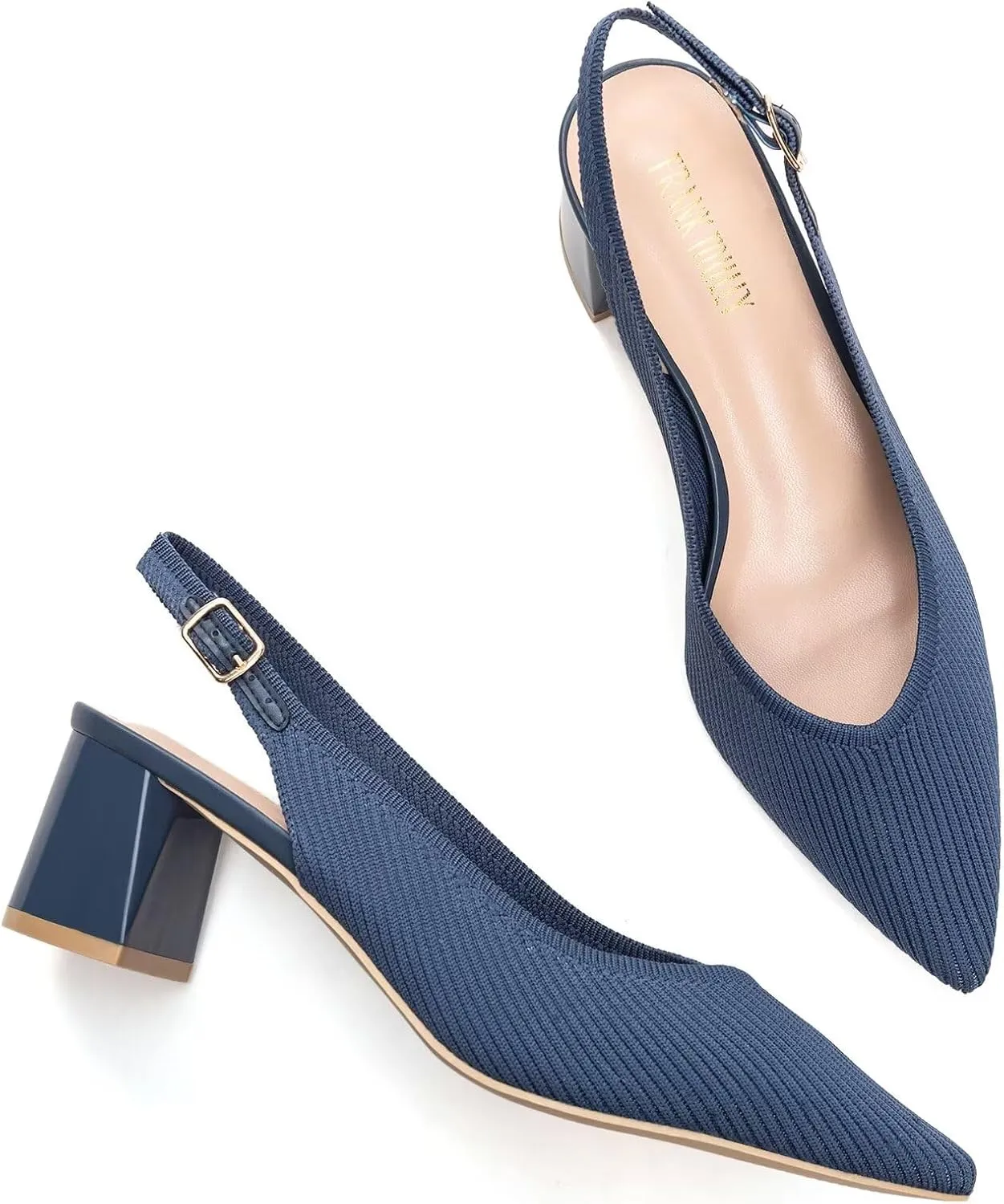Frank Mully Women's Slingback Heels Pointed Toe Work Pumps Comfortable Chunky Pumps Knitted Closed Toe Stylish Dressy Shoes