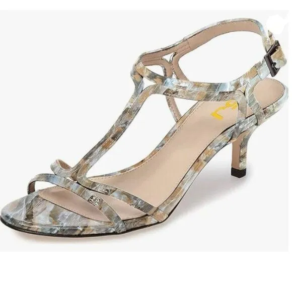 FSJ Marble Casual T-Strap Sandal Open Toe Stacked Kitten Heel Strappy Shoe
