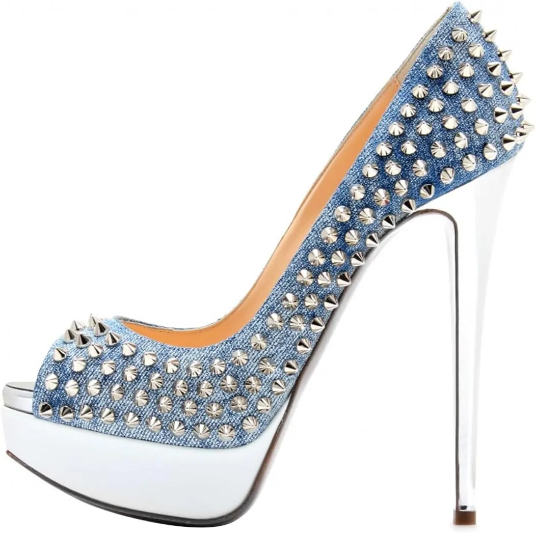 FSJ Women Classic Rivets Platform Heel Peep Toe Pumps High Stiletto Heel Slip On Studded Sexy Wedding Party Dance Shoes Size 4-16 US