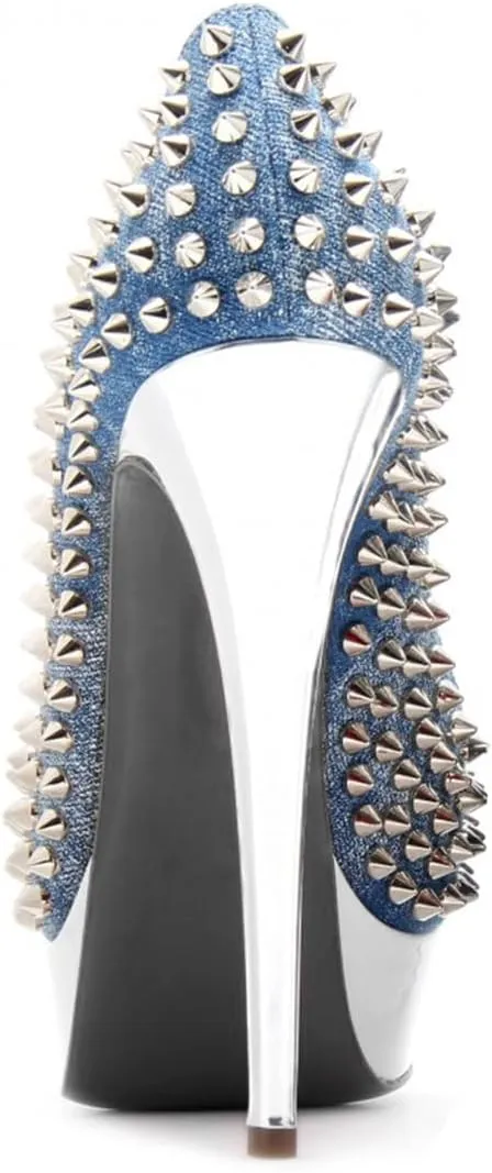 FSJ Women Classic Rivets Platform Heel Peep Toe Pumps High Stiletto Heel Slip On Studded Sexy Wedding Party Dance Shoes Size 4-16 US