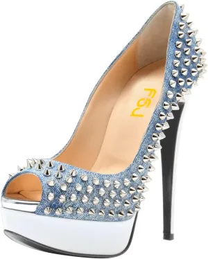 FSJ Women Classic Rivets Platform Heel Peep Toe Pumps High Stiletto Heel Slip On Studded Sexy Wedding Party Dance Shoes Size 4-16 US