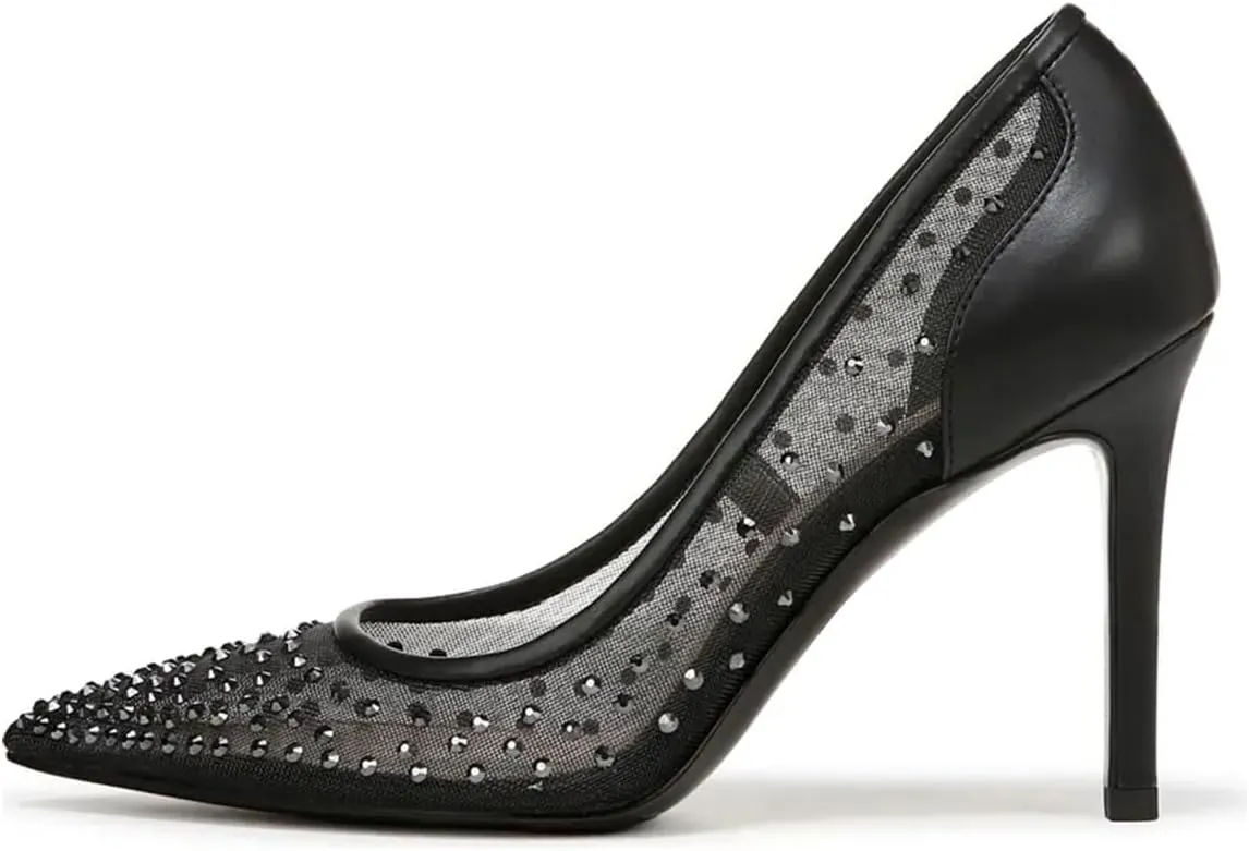 FSJ Women Pointed Toe Stiletto Pumps Slip On Sparkly Rhinestones Studded Mesh High Heel Sexy Formal Event Dress Shoes Sizes 4-16 US
