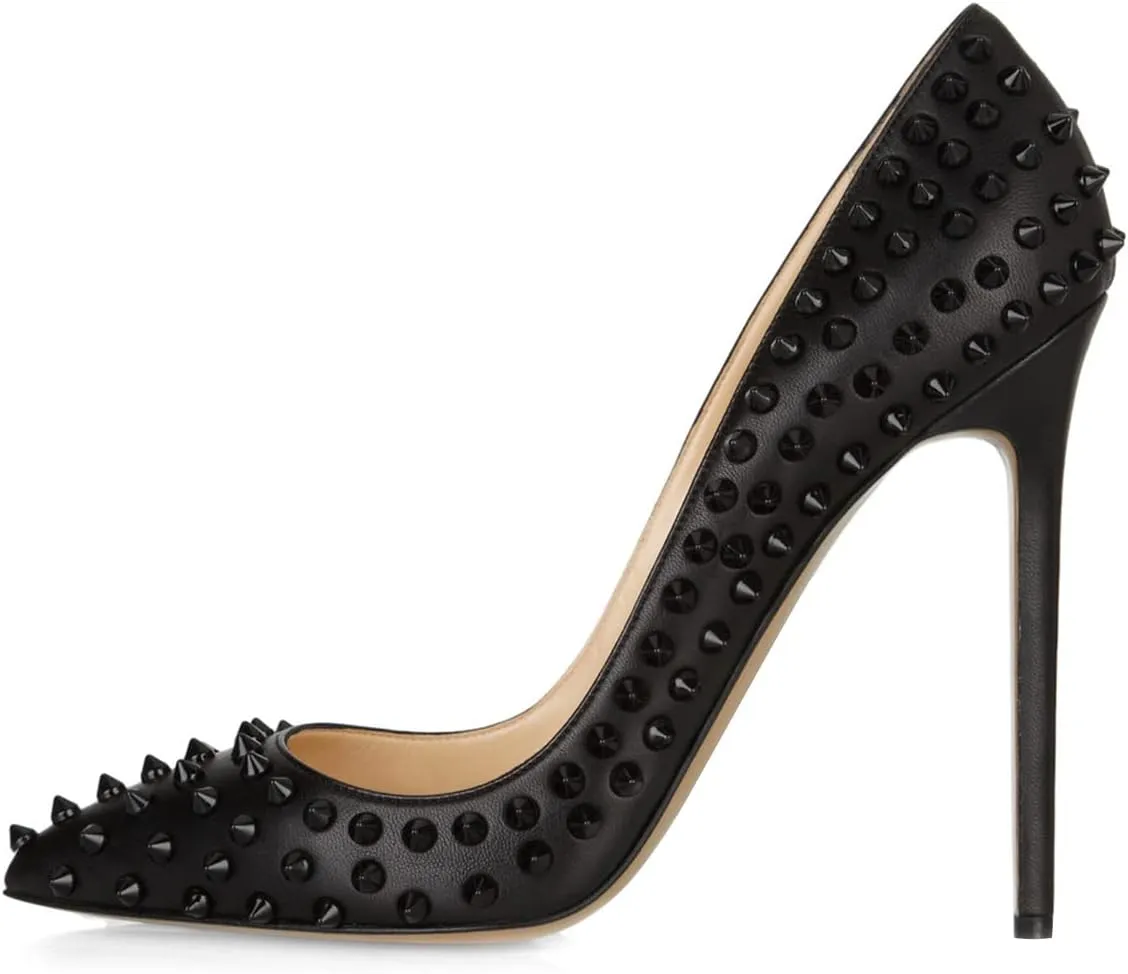FSJ Women Sexy Studded Rivets Stiletto High Heel Pumps Classic Closed Pointed Toe Slip On Basic Spikes Shoes for Party Size 4-15 US