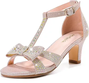Girls Heel Sandals Dress Pump Open Toe T Strap Rhinestone Sandals Wedding Party Prom Shoes Little Big Kids